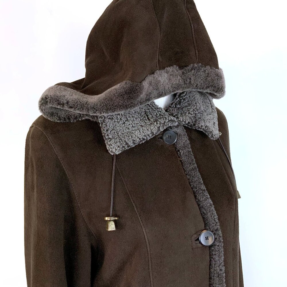 Marco Gianotti Macy's Brown Genuine Sherling Hooded Coat Sz 8 - Picture 8 of 16